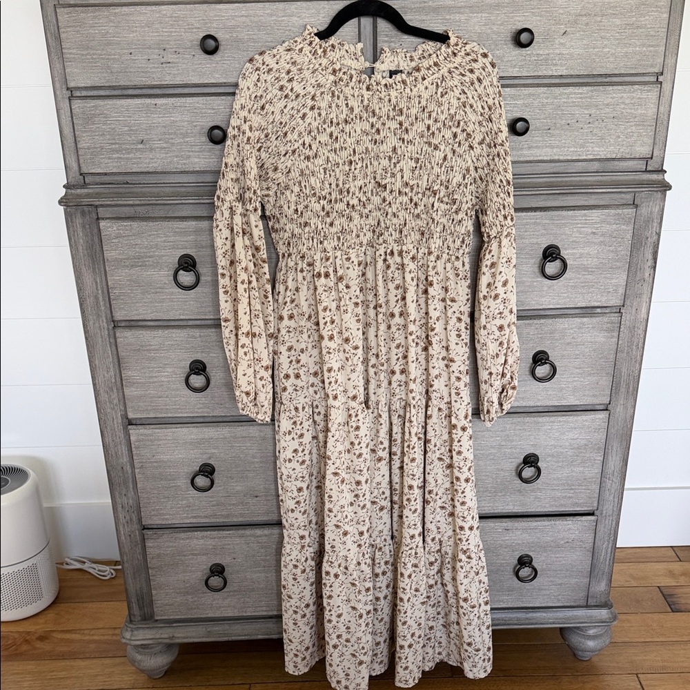 Smocked Floral Long Sleeve Maxi Dress - Cream